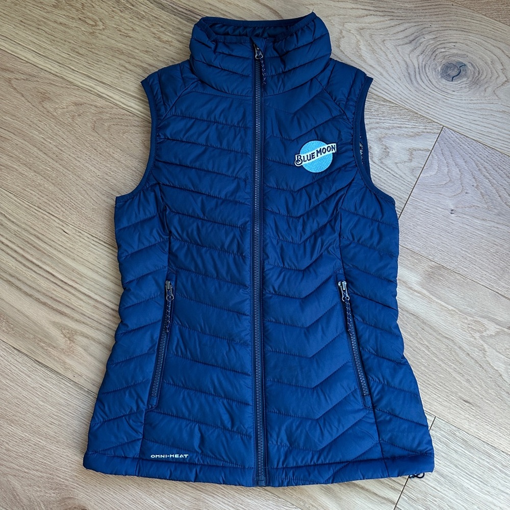 RARE Columbia Omni-Heat Puffer Vest Navy with Blue Moon Beer Embroidered Logo XS